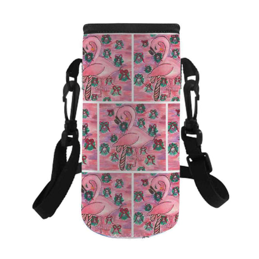 Ringo the Flamingo Christmas water bottle sleeve featuring festive pink flamingos and holiday decorations.