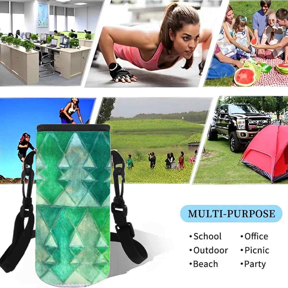 Joyful Christmas Water Bottle Sleeve shown in multi-purpose settings: school, outdoor, picnic, and office.