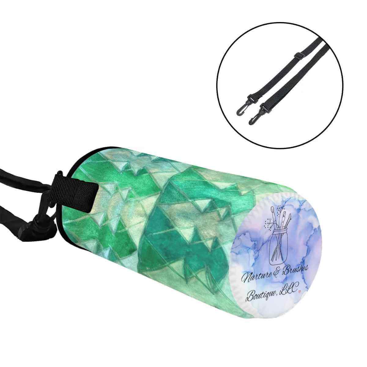 Joyful Christmas Water Bottle Sleeve with vibrant patterns and adjustable straps for easy carrying.