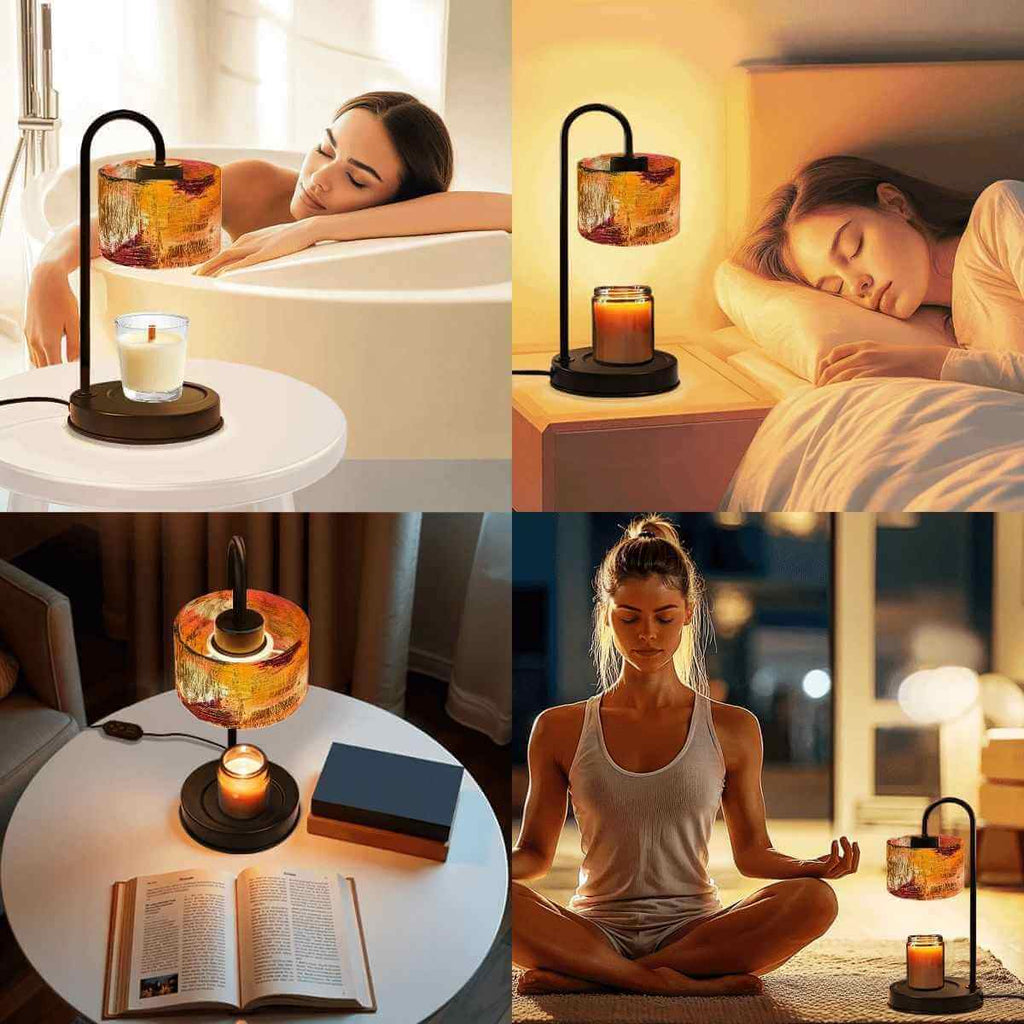 Sparkly New Year Candle Warmer Lampshade enhancing ambiance in relaxing settings with candles and warm lighting.