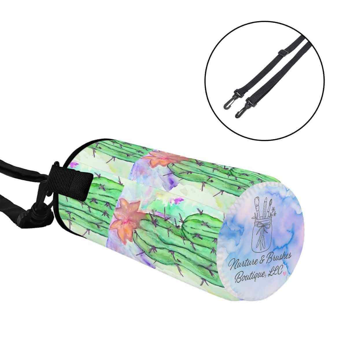 You're Not Alone Bottle Sleeve featuring a vibrant cactus design and adjustable straps for easy carrying.