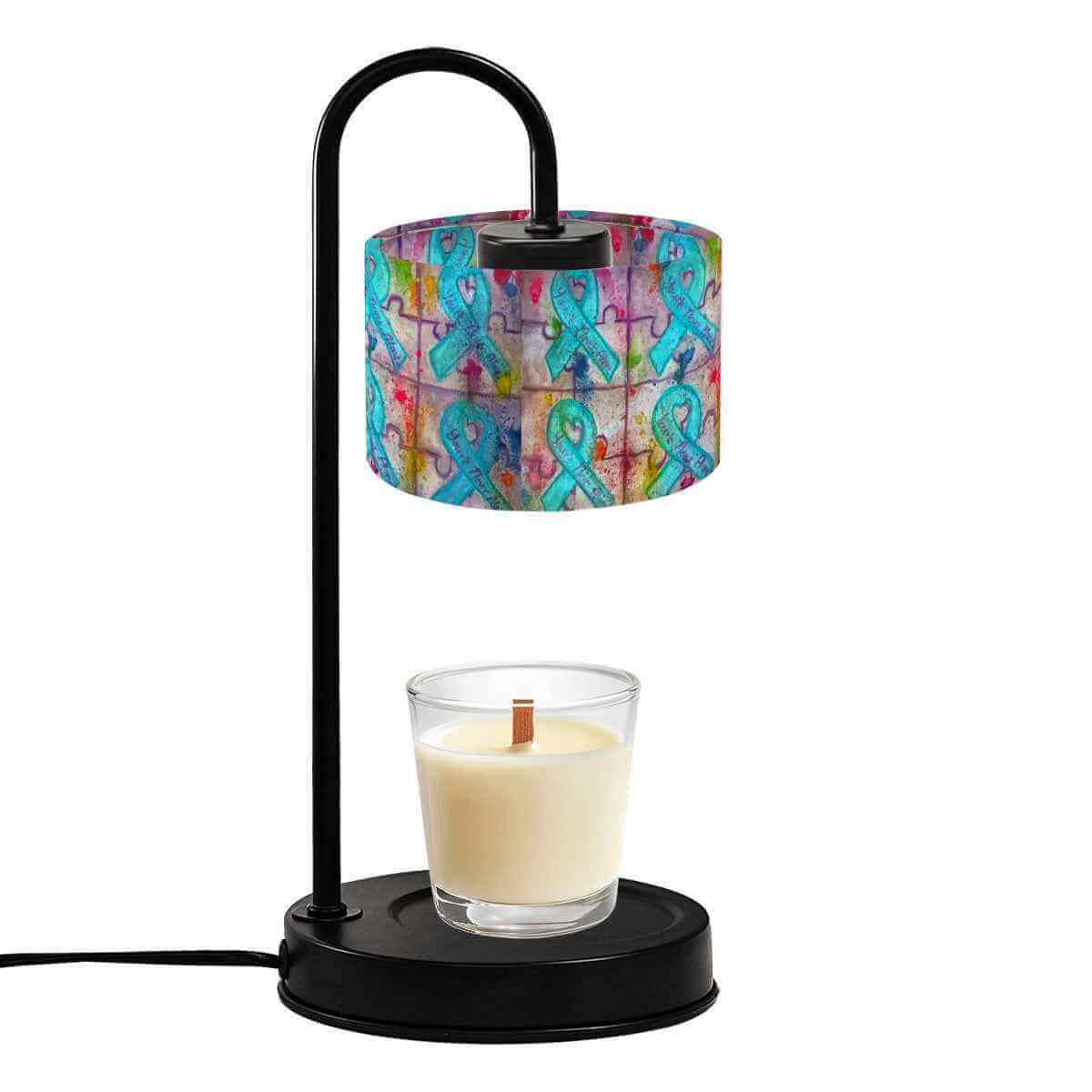 Sparkly New Year Candle Warmer Lampshade with teal ribbon design and candle underneath, enhancing candle ambiance.