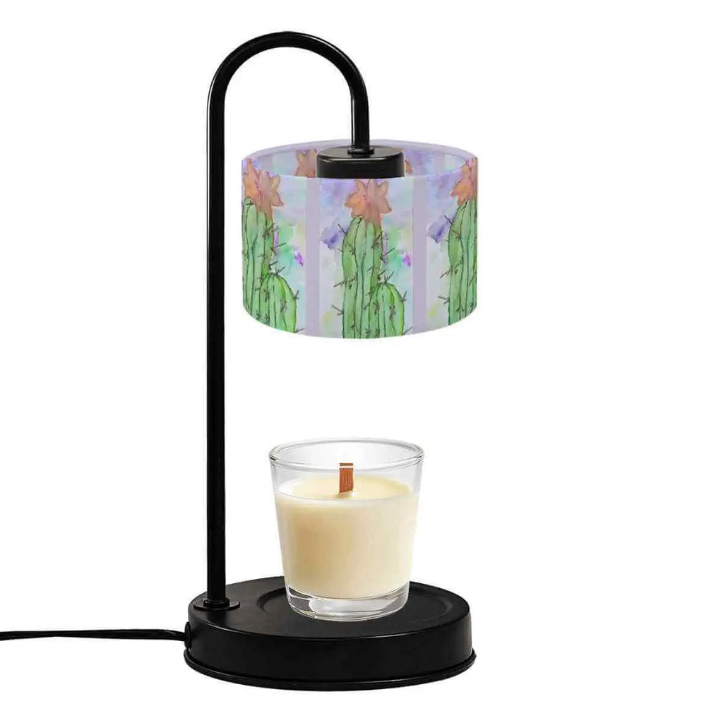Sparkly New Year Candle Warmer Lampshade with cactus design and candle underneath on a black base.