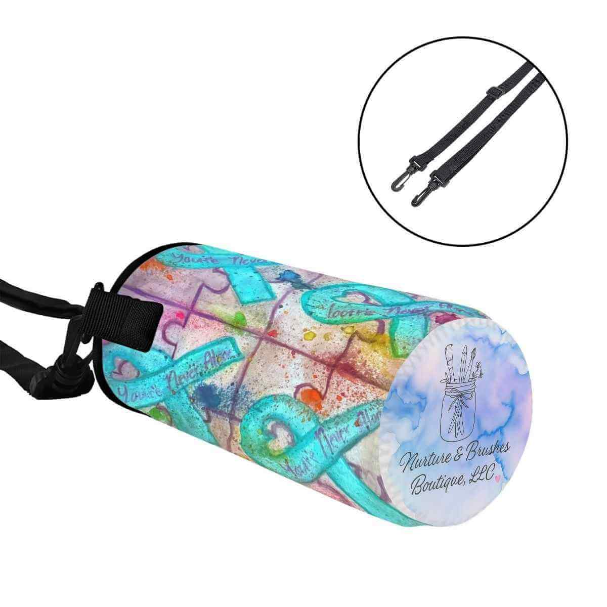 You're Not Alone Bottle Sleeve - Stay Hydrated in Style, colorful design featuring straps and vibrant prints.