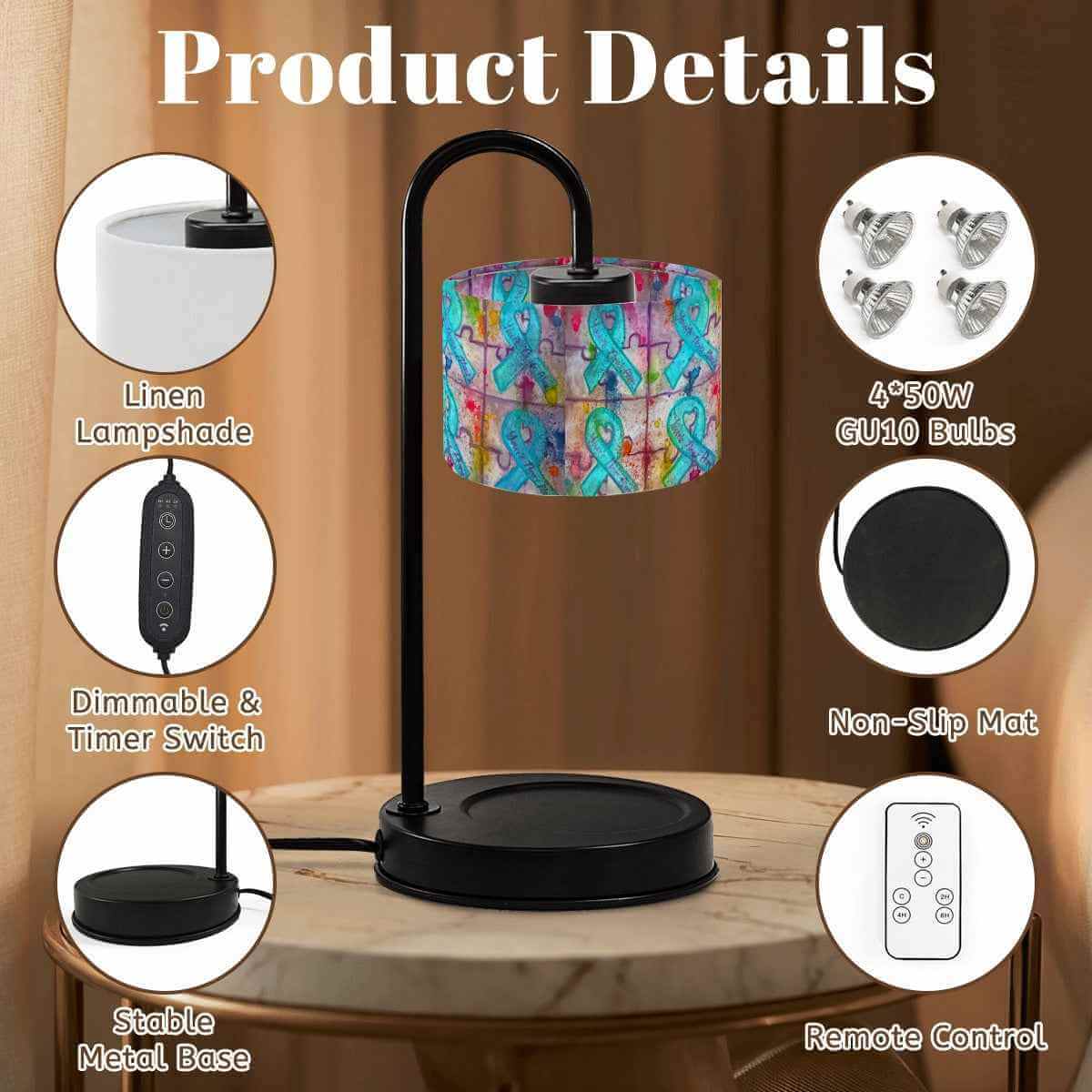 Sparkly New Year Candle Warmer Lampshade showcasing its linen lampshade, metal base, remote control, and dimmable features.