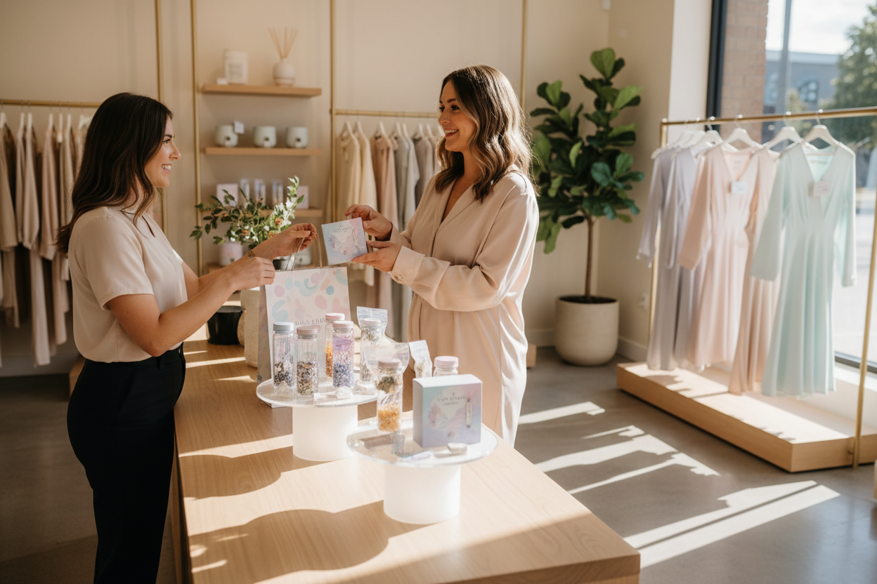 customer buying my sensory bottle kit from a store front