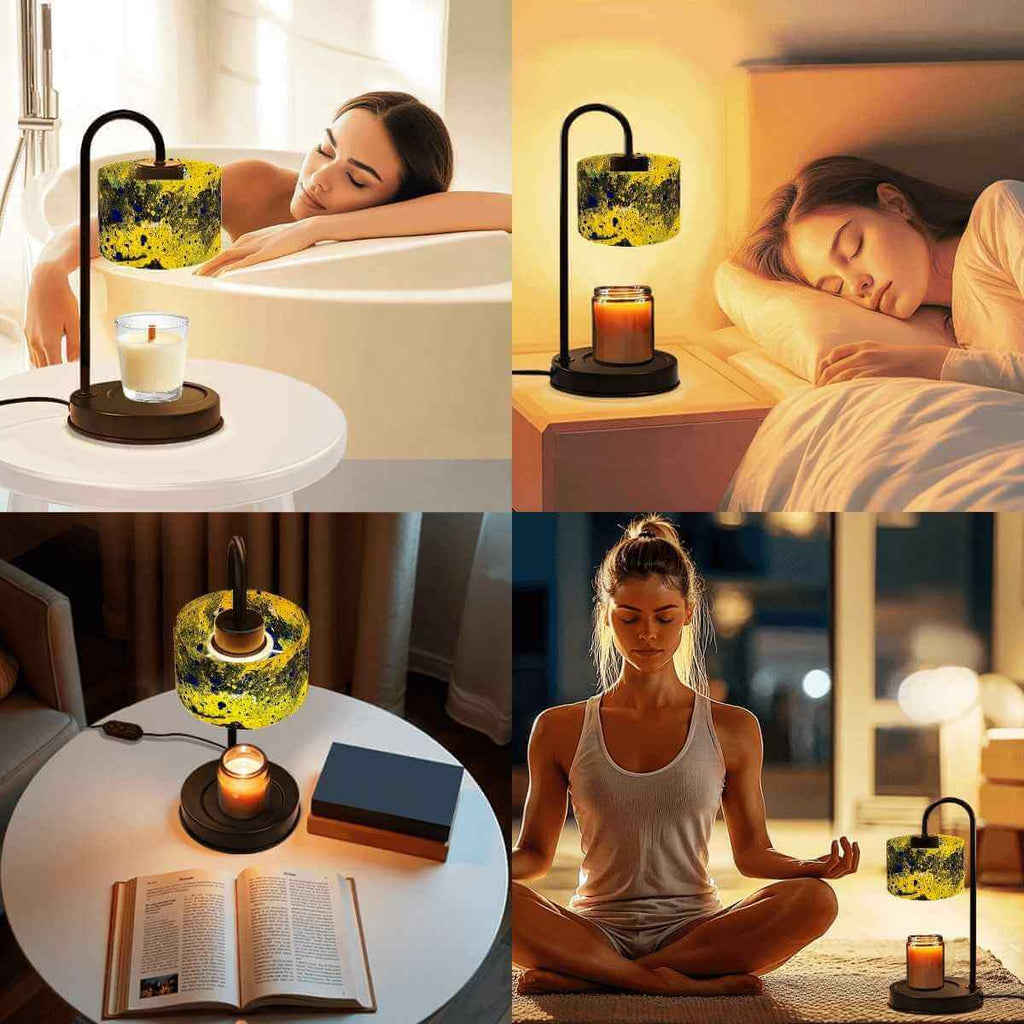 Sparkly New Year Candle Warmer Lampshade in various relaxing settings, enhancing ambiance with soft lighting.