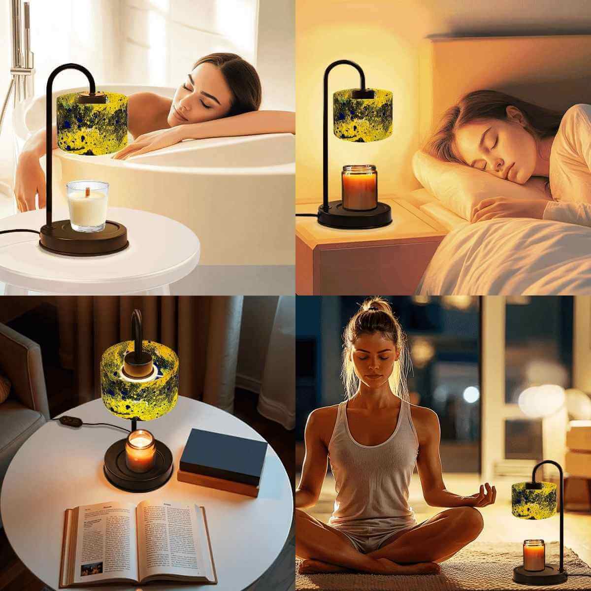 Sparkly New Year Candle Warmer Lampshade in various relaxing settings, enhancing ambiance with soft lighting.