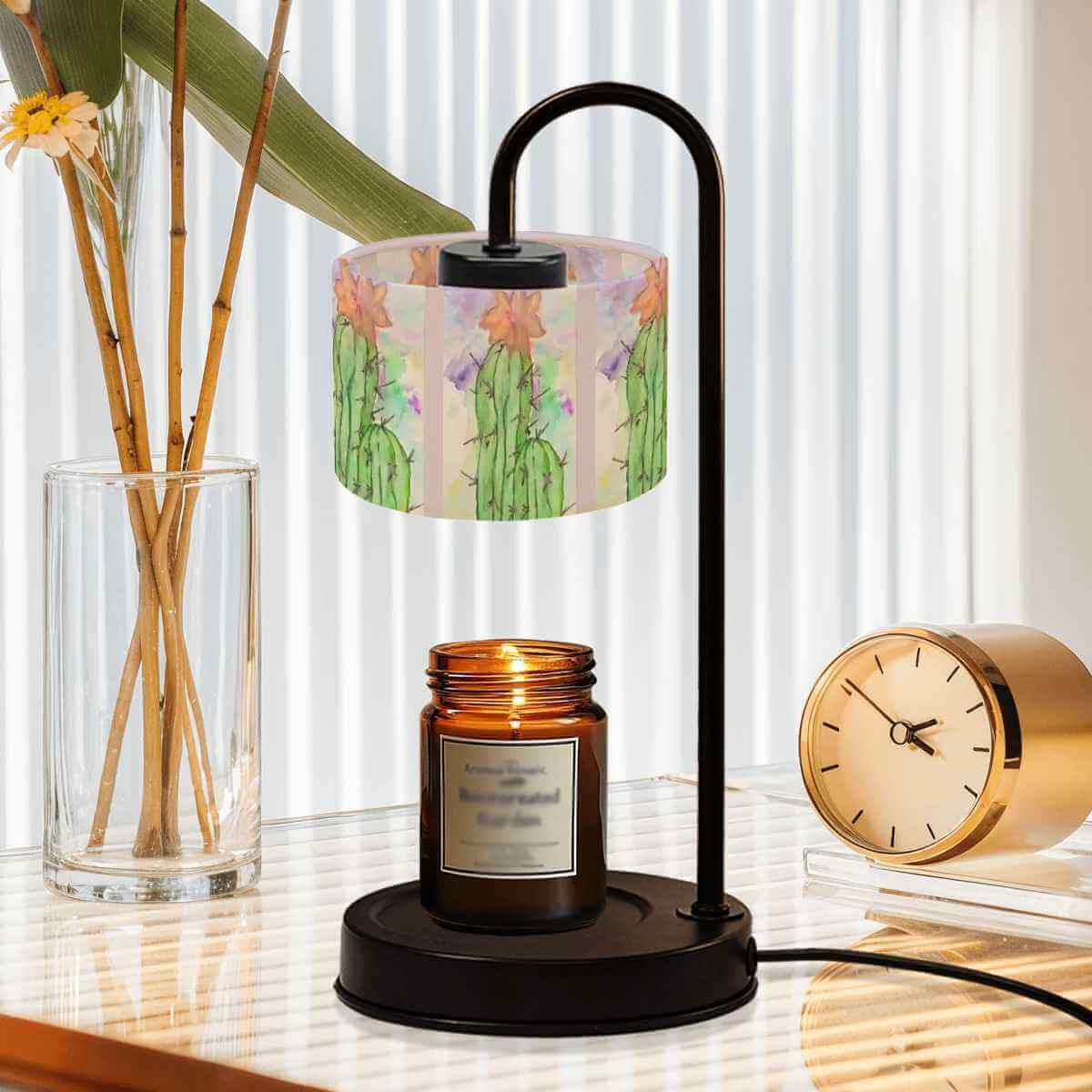 Sparkly New Year Candle Warmer Lampshade illuminating a candle on a stylish table with flowers and clock decor.