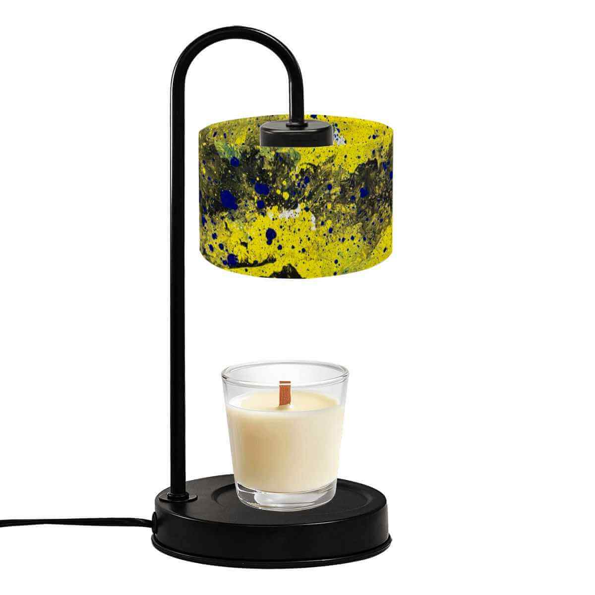 Sparkly New Year Candle Warmer Lampshade with vibrant yellow and blue design illuminating a candle.