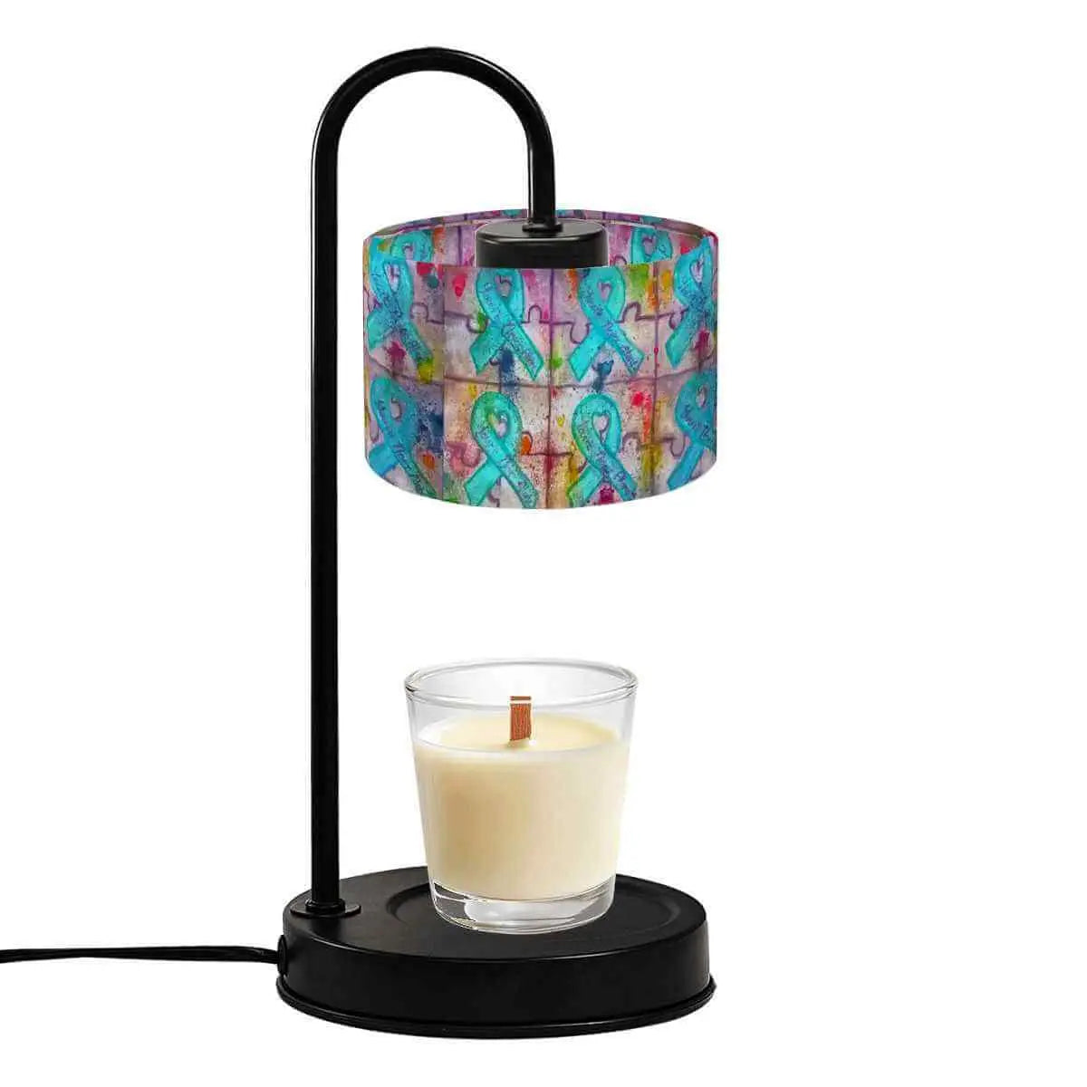 Sparkly New Year Candle Warmer Lampshade with colorful ribbon design and lit candle.