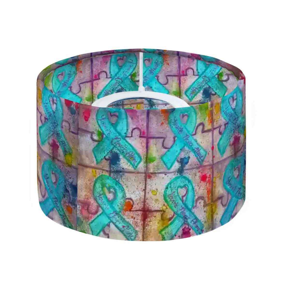 Sparkly New Year Candle Warmer Lampshade featuring a colorful puzzle design with teal ribbons.