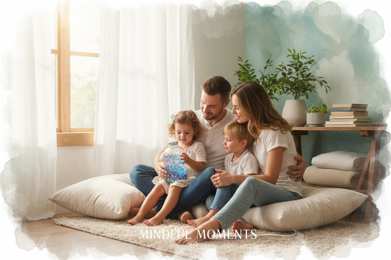 family sitting in a calm corner together with a sensory bottle in use