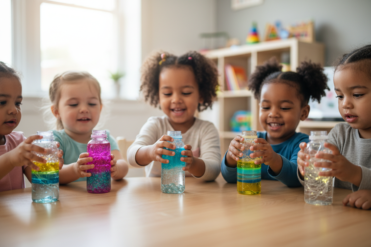 kids playing with sensory bottles